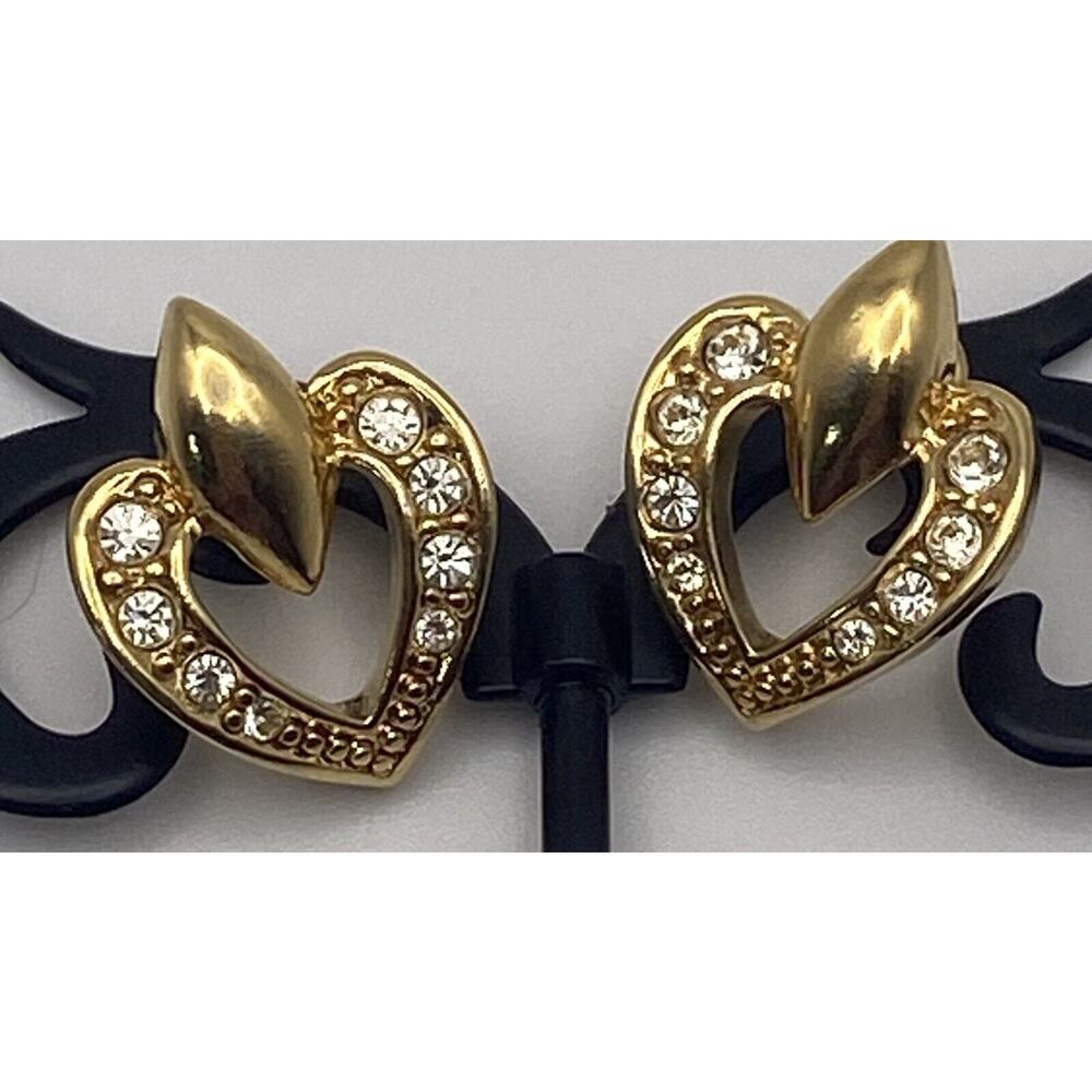 Vintage AVON Heart Shaped Gold Tone & Rhinestone Collectible Costume Earrings